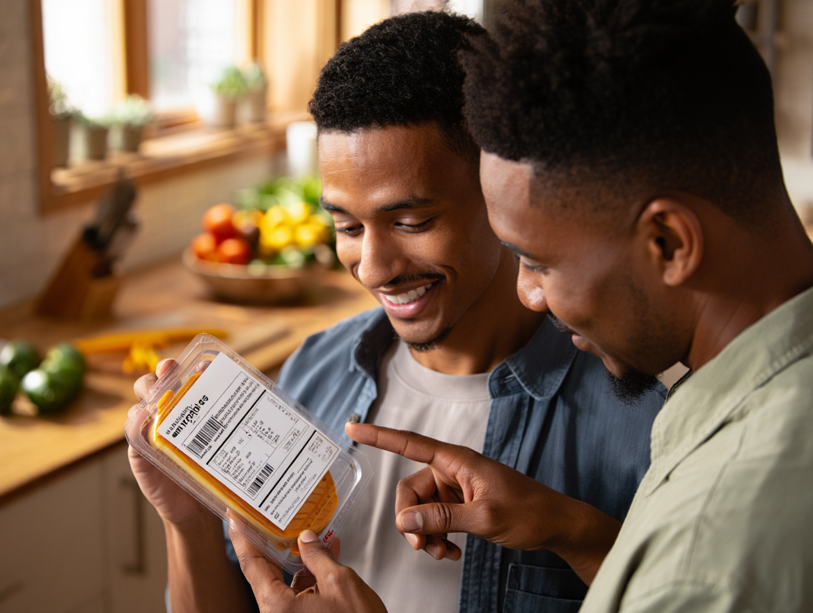 deux hommes lisant étiquettes aliments préparés